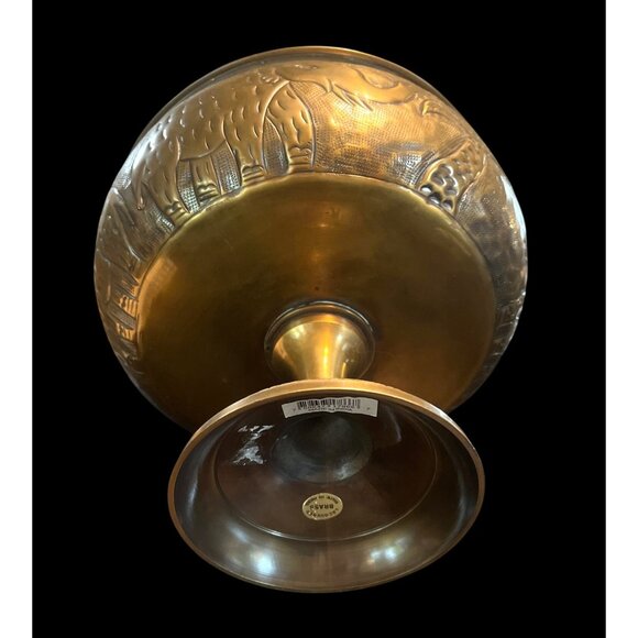 Vtg Lacquered Brass Pedestal Bowl Made In India  Etched Elephants Palm Trees - Picture 5 of 7